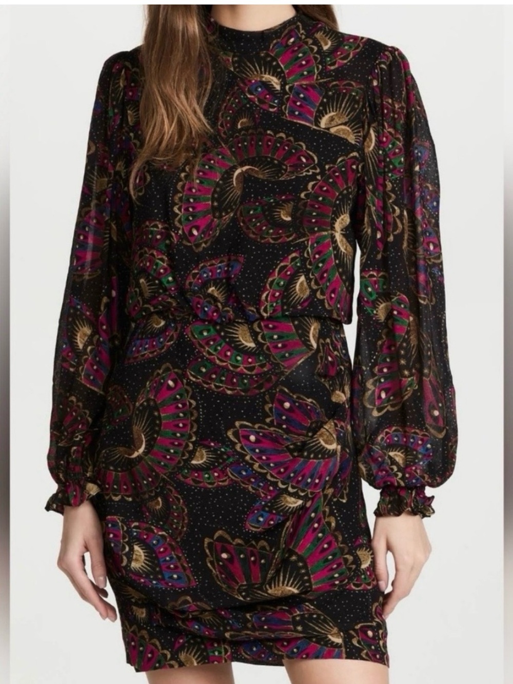 FARM Rio Butterfly Wings Black Long Sleeve Mini Dress L